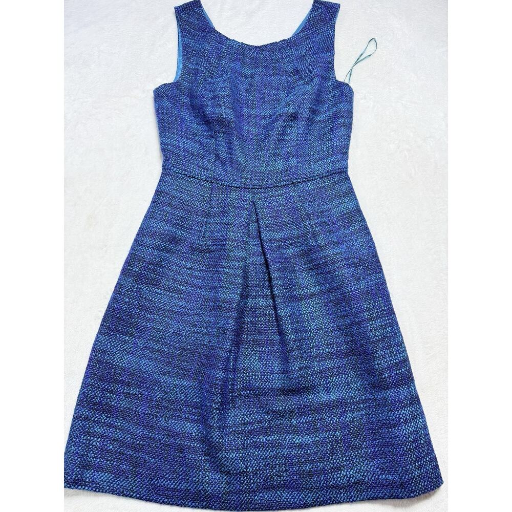 Trina Turk Multi Blue Textured Tweed Box Pleat Cocktail Party Wedding Dress 6